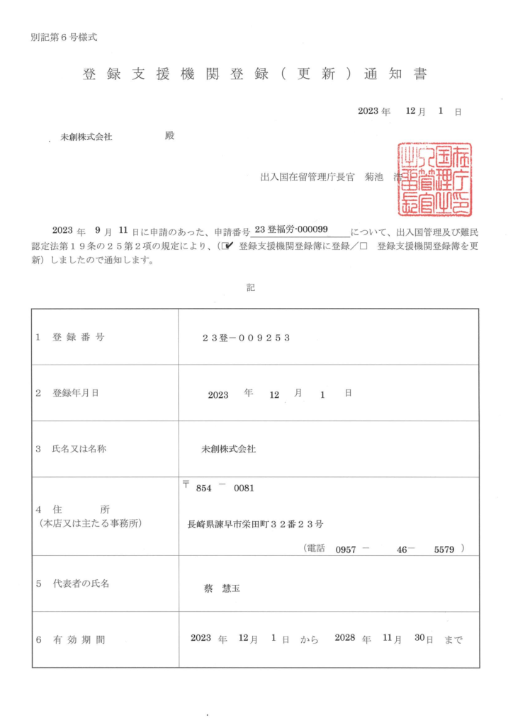 登録支援機関登録通知書